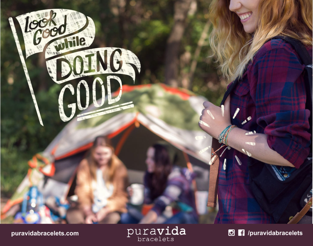 advertisement for pura vida bracelets on a girls camping trip