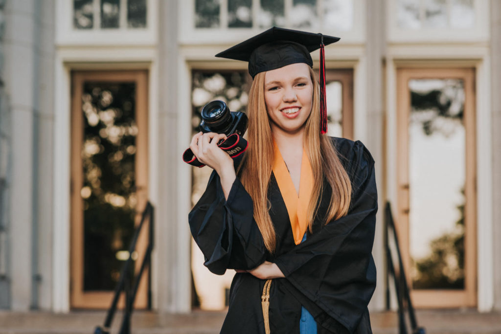 college senior grad photo camera cap and gown