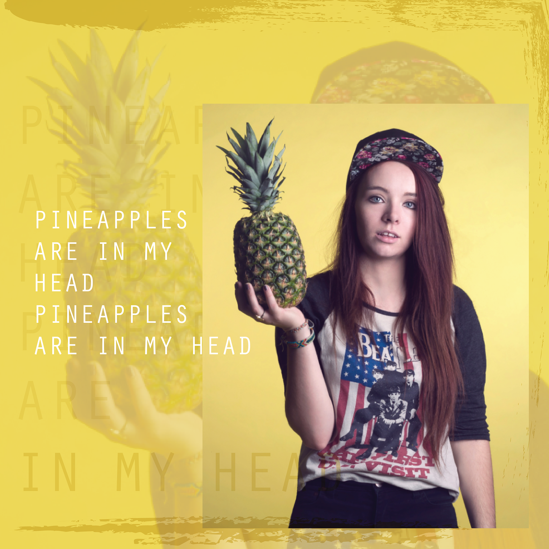 girl holding pineapple on yellow background with glass animals lyrics overlaying image